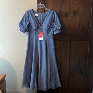 JJs House Blue A-Line Midi Dress with V-Neck and Puff Sleeves